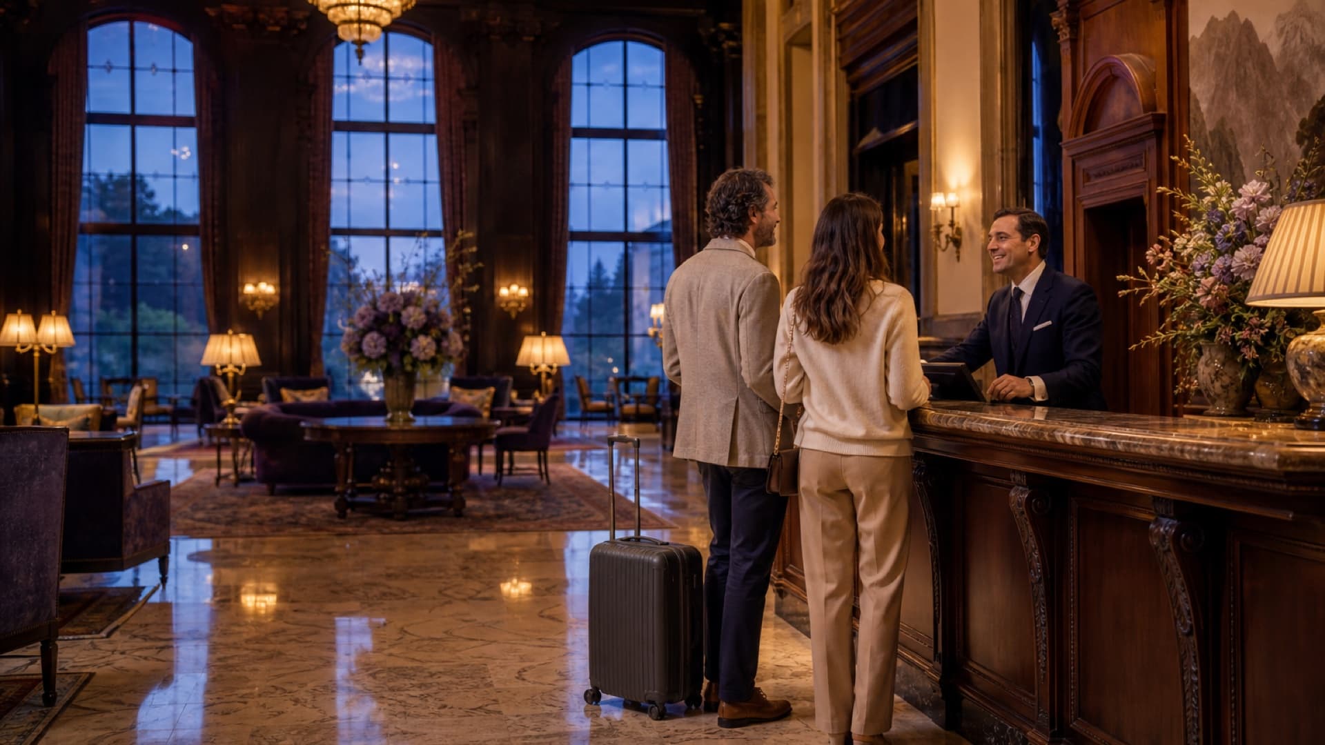 Couple accueilli à la réception du grand hall d'un hôtel de luxe de style château, valise à côté, sous un lustre en soirée