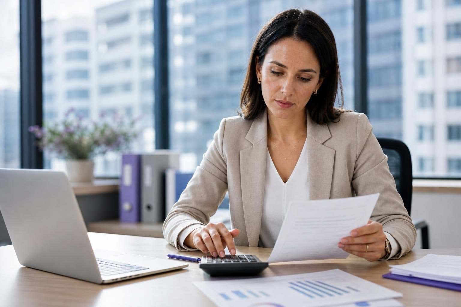 Une professionnelle en blazer consulte un relevé et utilise une calculatrice à son bureau, à côté d'un ordinateur portable et de graphiques