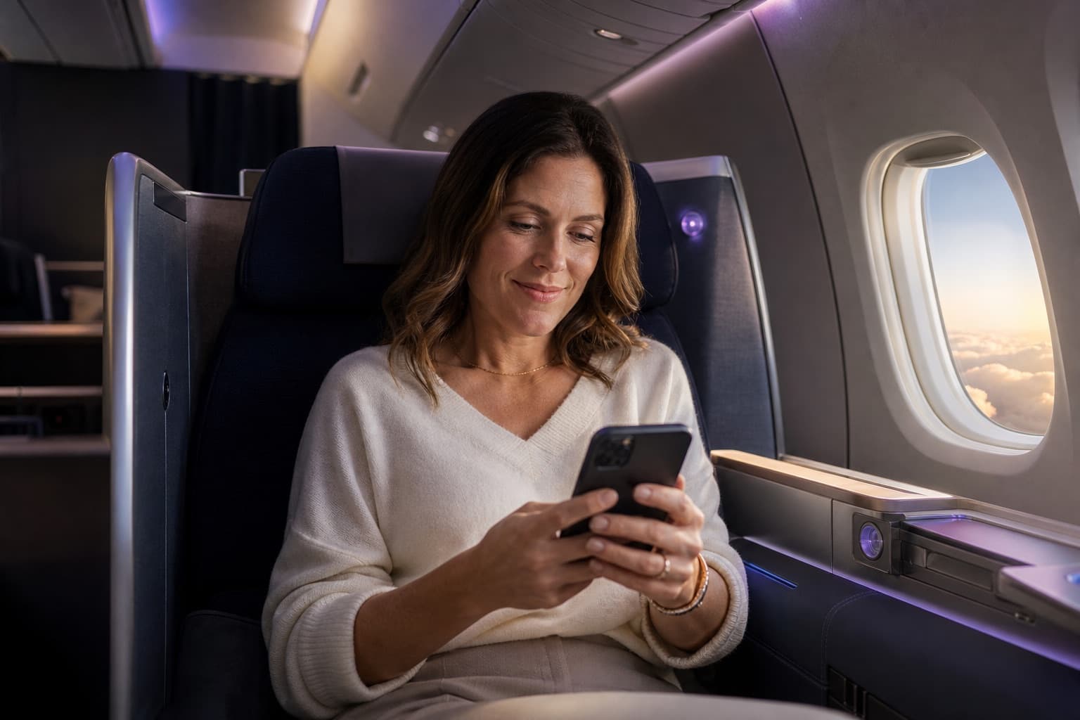 Voyageuse souriante qui consulte son téléphone dans un siège de classe affaires, près d'un hublot au coucher du soleil