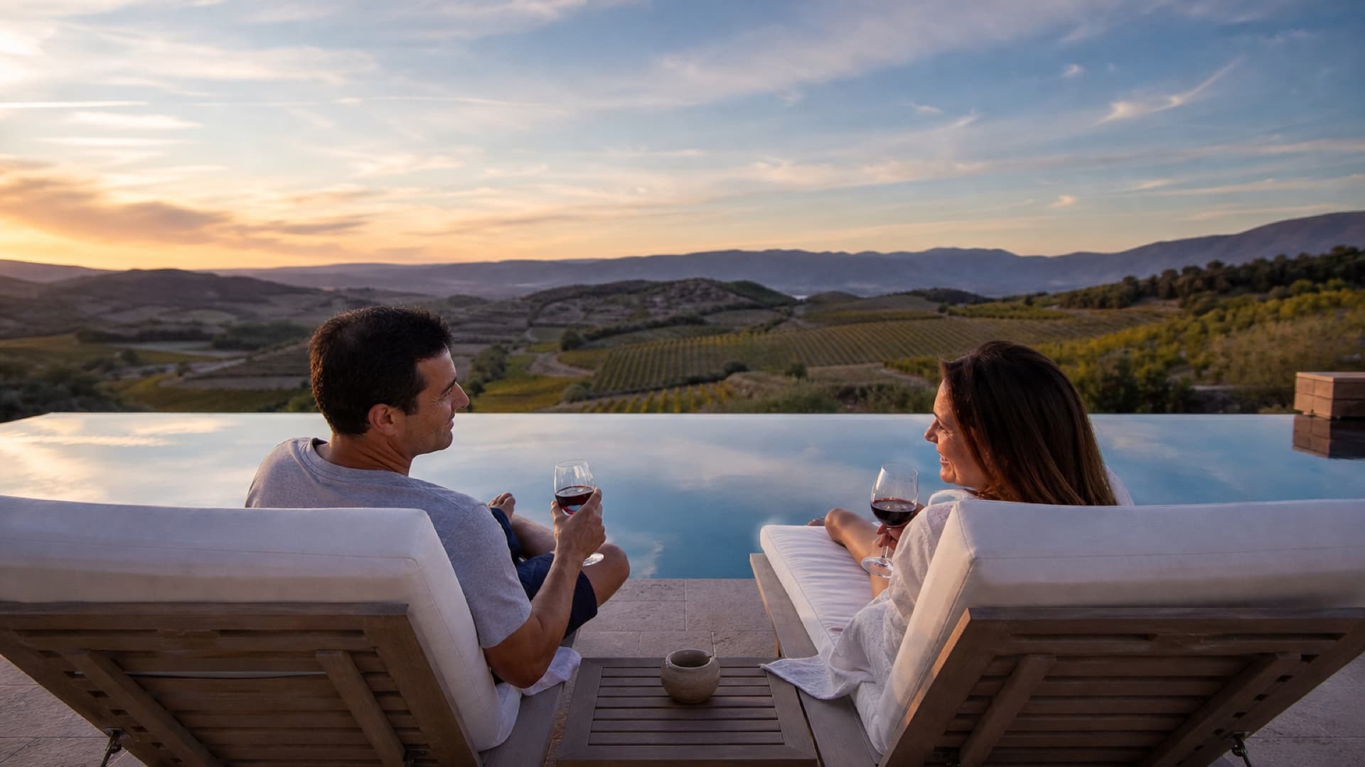 Couple on loungers beside a luxury hotel's infinity pool, glasses of red wine in hand, overlooking vineyards at sunset