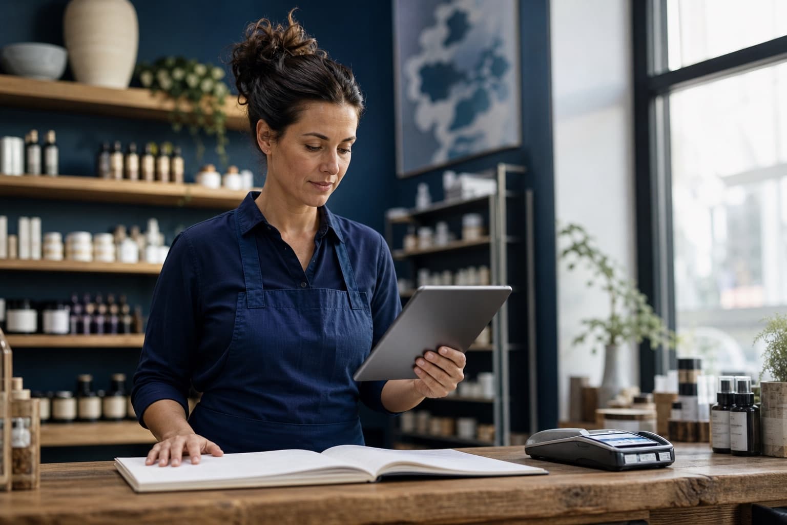 A small boutique owner reviews her monthly figures on a tablet behind her counter, an open paper ledger in front of her.