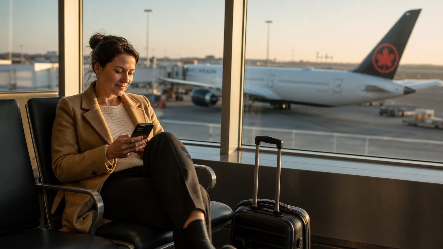 Voyageuse assise dans un terminal d'aéroport canadien devant un appareil d'Air Canada stationné à la porte