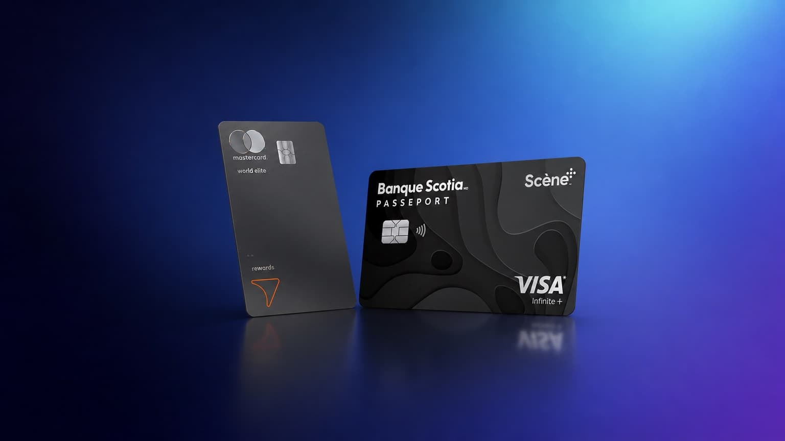 Carte Mastercard World Elite Récompenses Tangerine grise et carte Visa Infinite+ Passeport Banque Scotia noire côte à côte sur un fond dégradé bleu et violet