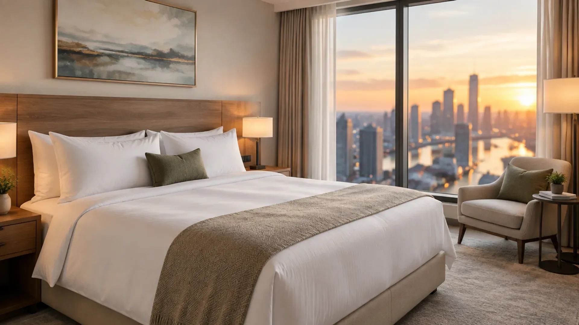 Chambre d'hôtel moderne et rénovée avec un grand lit aux draps blancs, une tête de lit en bois et une fenêtre donnant sur une ville au coucher du soleil