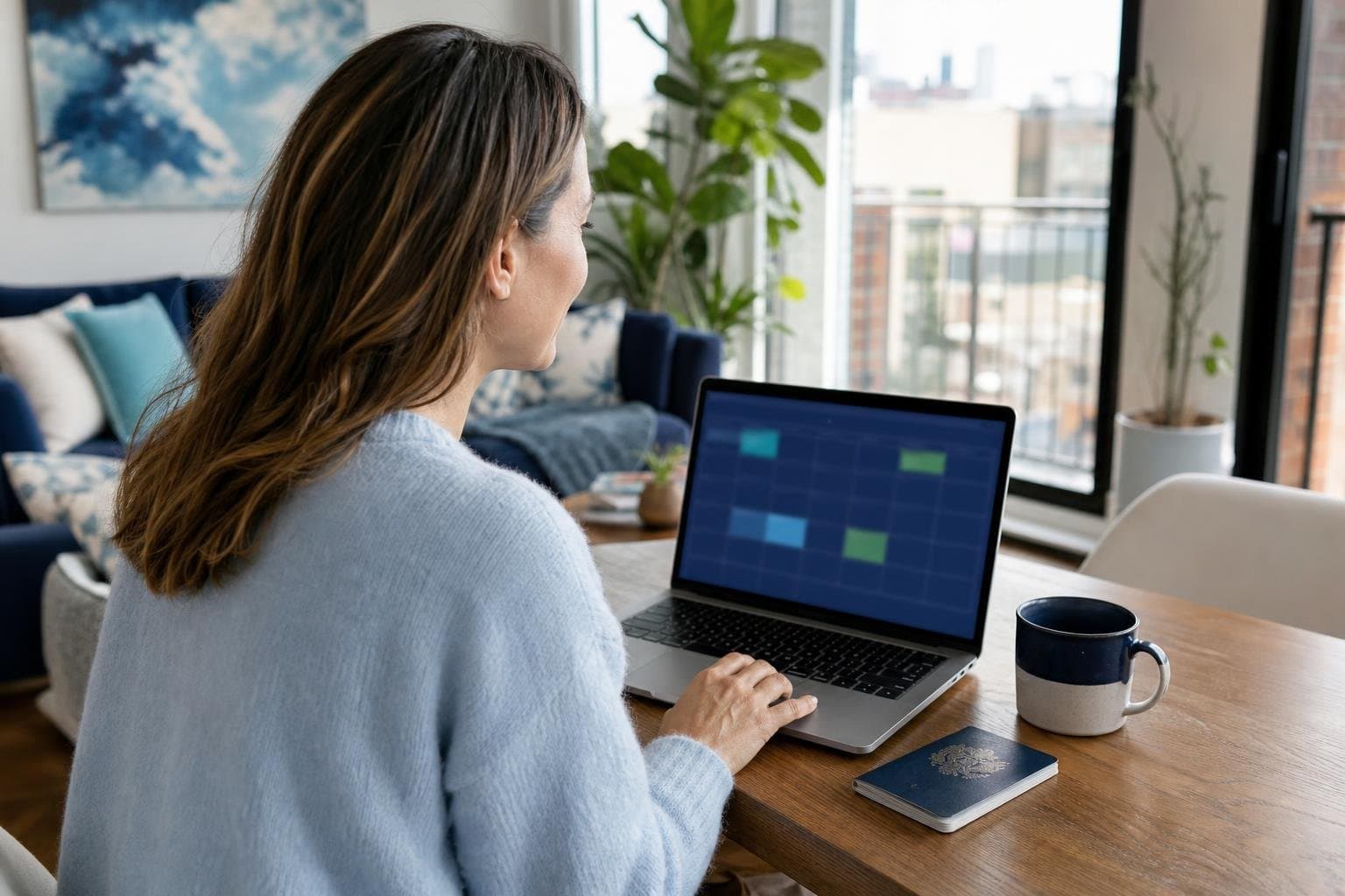 A traveller plans a trip at home on a laptop showing a calendar, with a passport and a coffee mug on the table