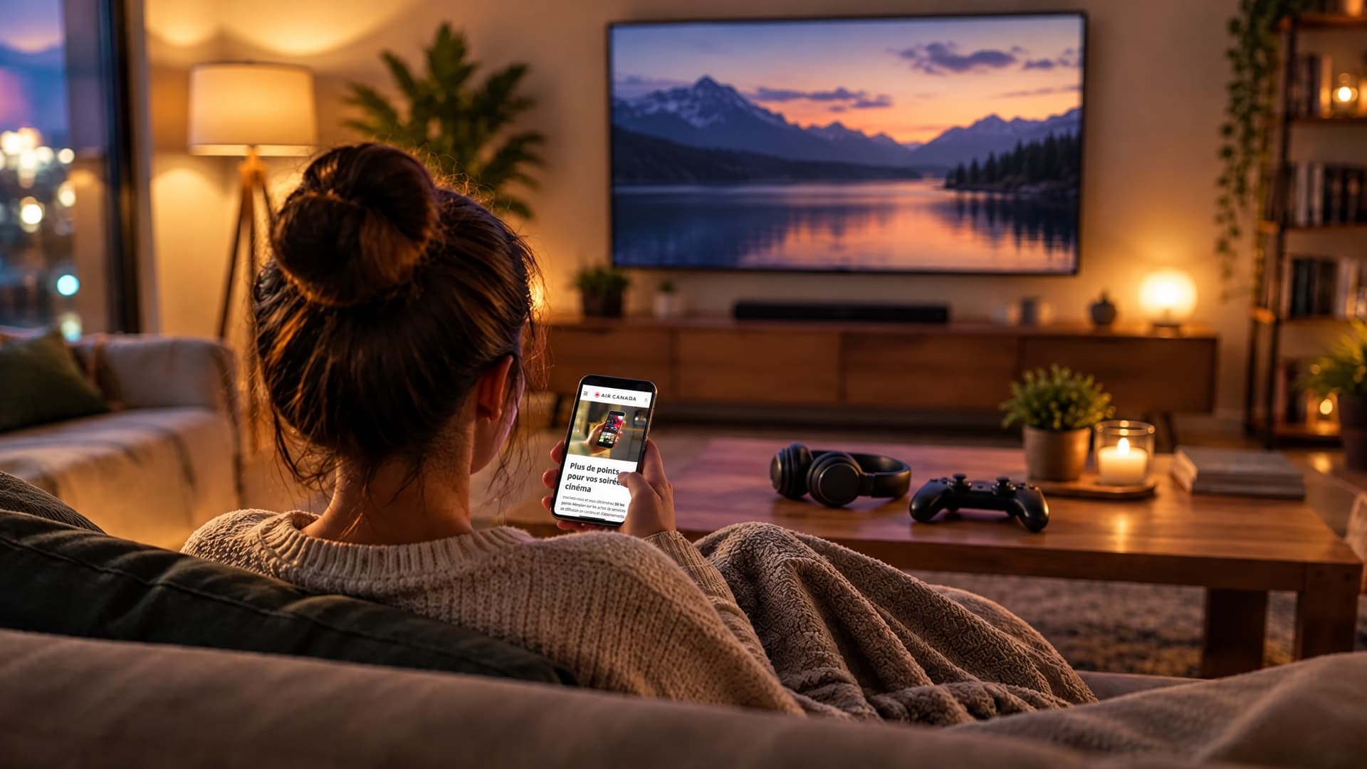Woman seen from behind on a sofa in a cozy living room at night, viewing Air Canada's offer page on her phone, in front of a TV showing a mountain landscape