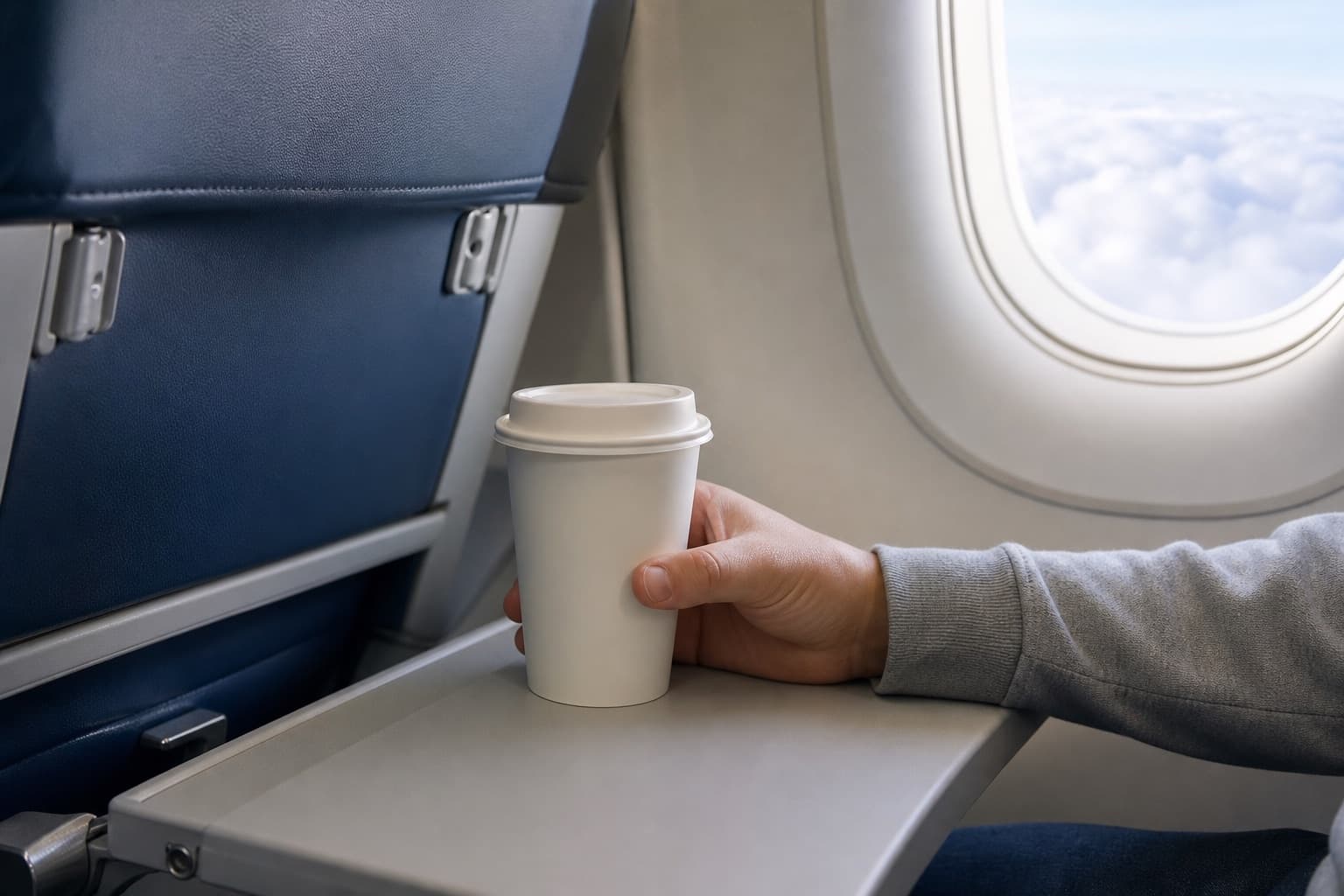 A hand holding a plain white paper coffee cup with no logo on an airplane seat tray table, next to a window showing clouds outside