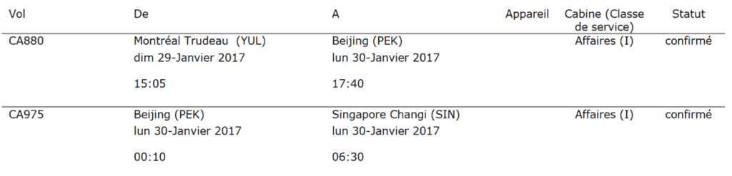horaires yul pek itineraire