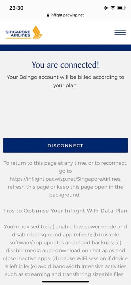 Singapore Airlines Wifi Connected