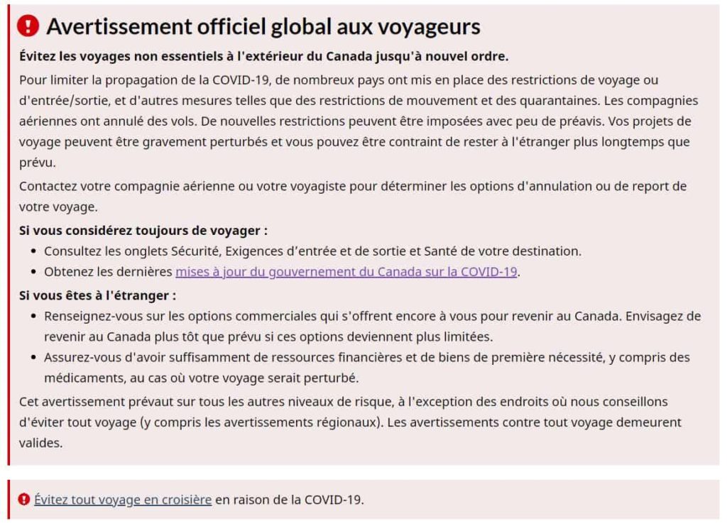 Avertissement Canada Voyageurs 13 Mars 2020