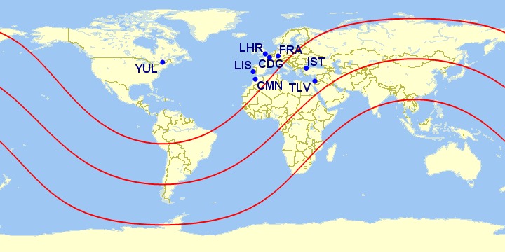 Distance North America Europe Yul Hubs