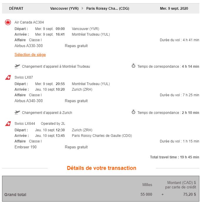 Bonus Aeroplan Vancouver Zurich Itinerary