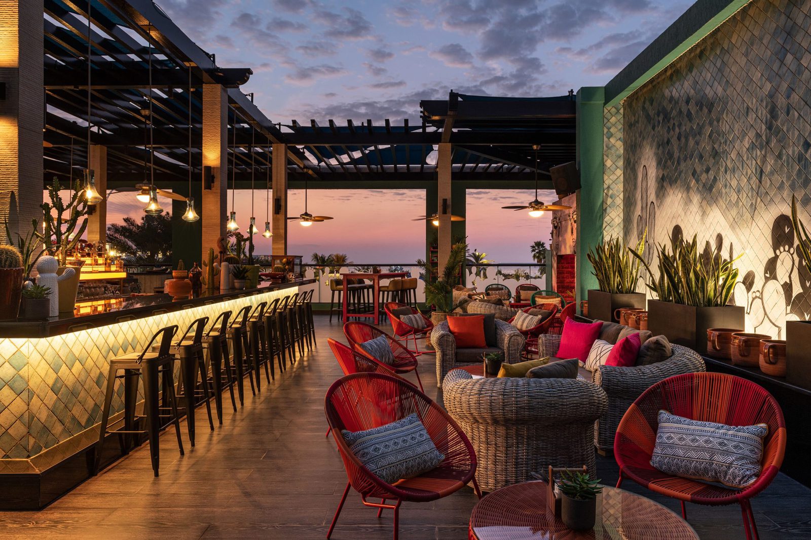 Rooftop lounge bar at dusk