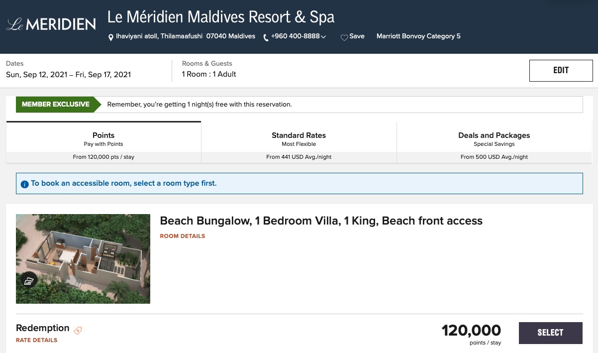 Incroyable: Seulement 24&nbsp;000 Points Marriott Bonvoy Par Nuit aux Maldives - Meridien Maldives Beach Bungalow