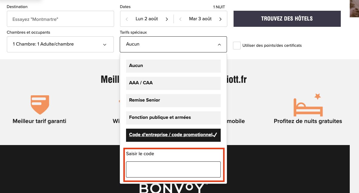 Marriott Bonvoy&nbsp;: Comment économiser en payant en argent dans les hôtels Marriott Bonvoy&nbsp;: tarifs spéciaux et autres astuces - Saisir code Marriott