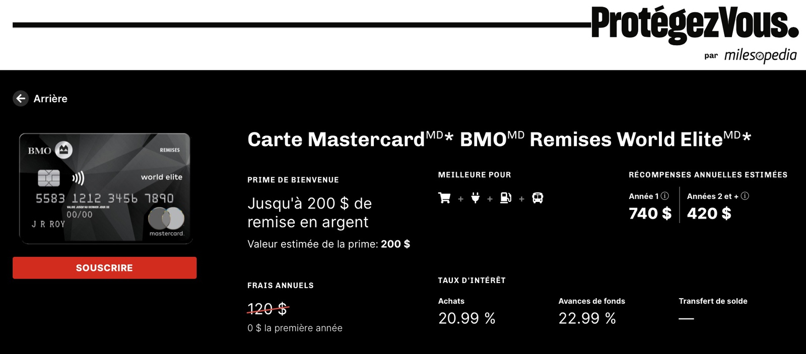 Comparateur de Cartes de Crédit&nbsp;: Partenariat entre Milesopedia et Protégez-Vous - exemple recompenses estimees pv