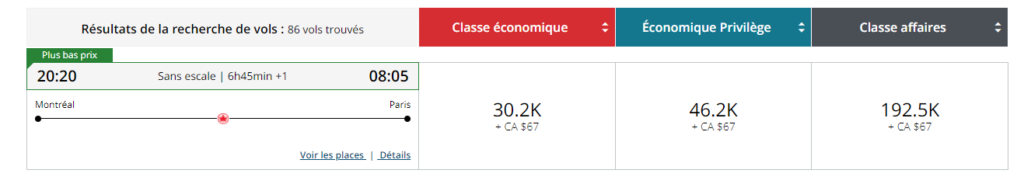 Exemple Aeroplan YUL-CDG Points