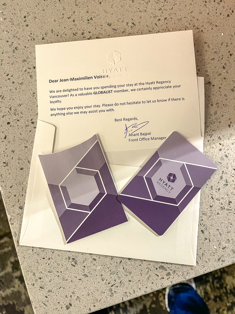 Lettre de bienvenue personnalisée pour membre Globalist au hyatt regency vancouver