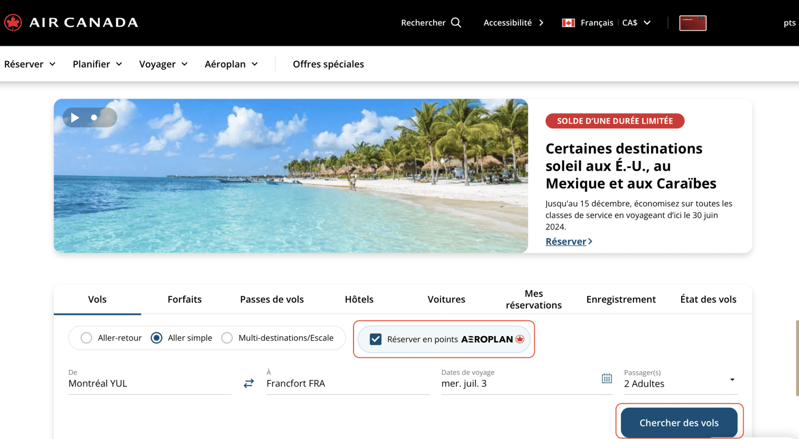 Aéroplan&nbsp;: Comment réserver un voyage avec ses points Aéroplan - FR accueuil fra