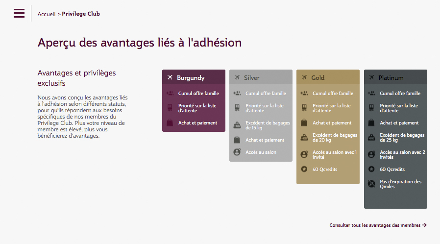 Qatar Airways Privilege Club&nbsp;: Ultimate Guide - Différents statuts