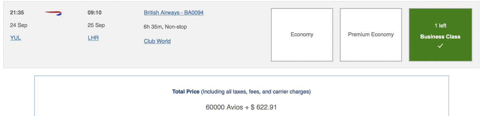 Avios&nbsp;: Les billets primes multi-partenaires Oneworld - YUL LHR J