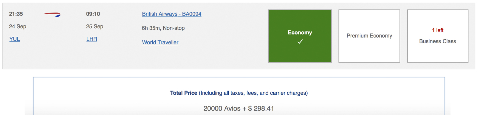 Avios&nbsp;: Les billets primes multi-partenaires Oneworld - YUL LHR Y