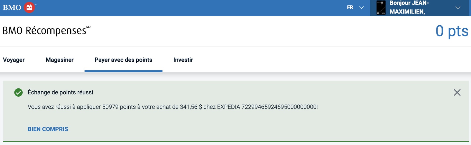 BMO Récompenses&nbsp;: Utilisez vos points pour n'importe quel voyage&nbsp;! - Bmo Expedia Echange Total Confirmation