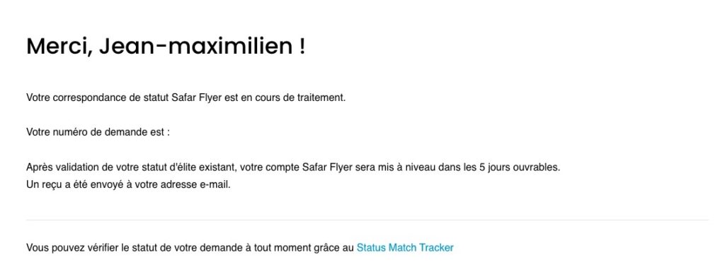 safar status match confirmation fr