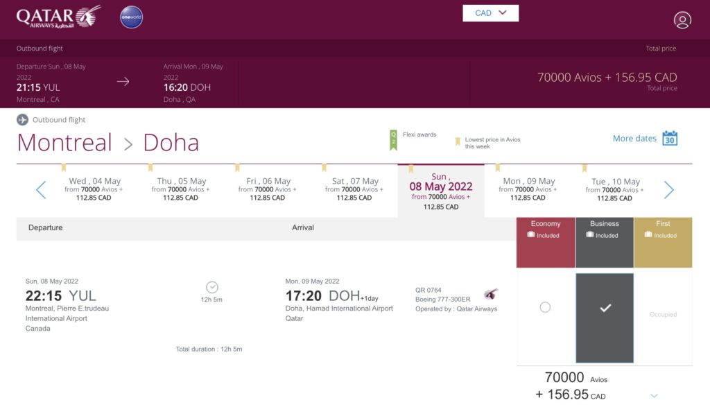 yul doh qatar avios business