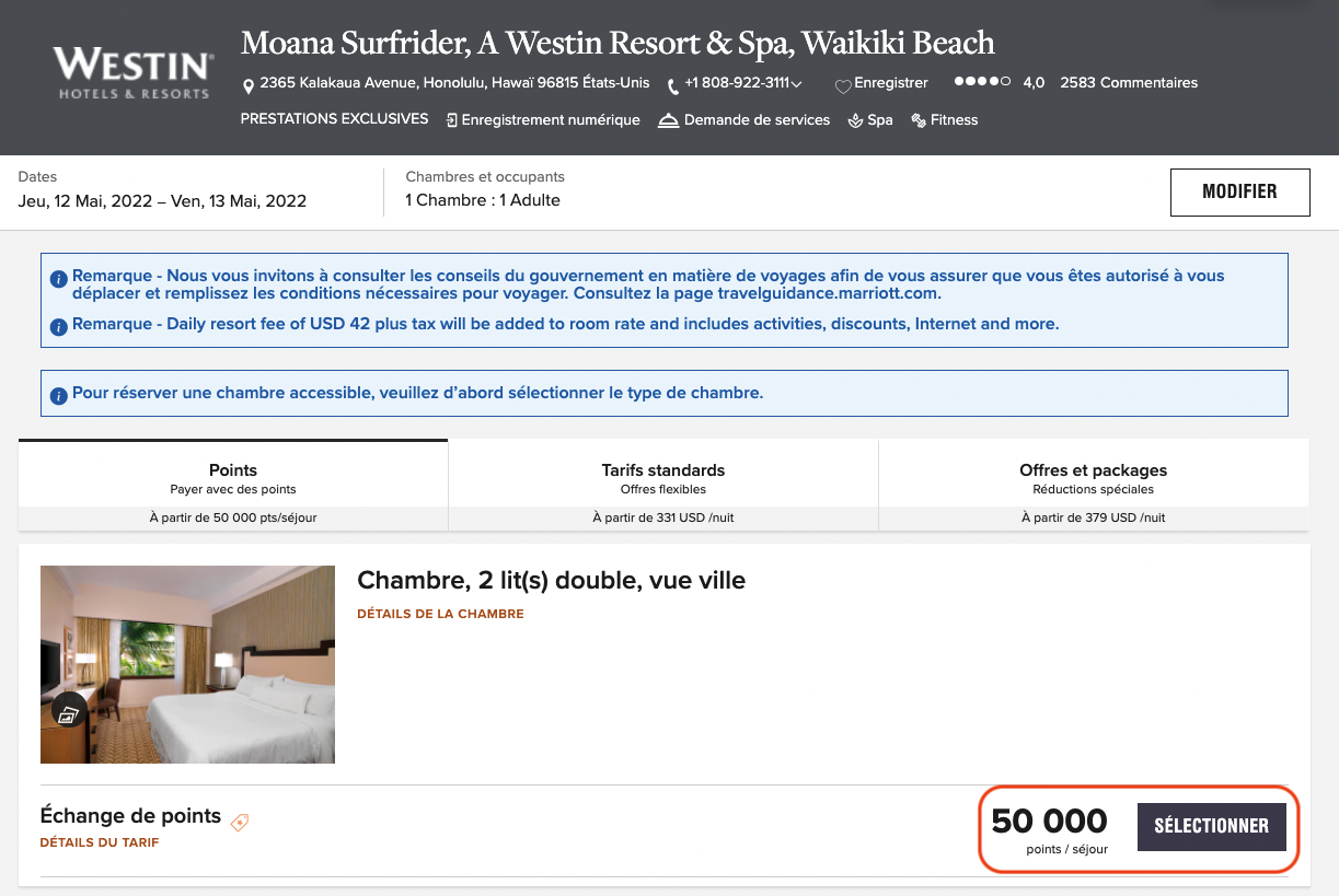 Marriott Bonvoy&nbsp;: combinez le certificat de nuit gratuite et jusqu'à 25&nbsp;000 points - Sélection chambre Marriott points