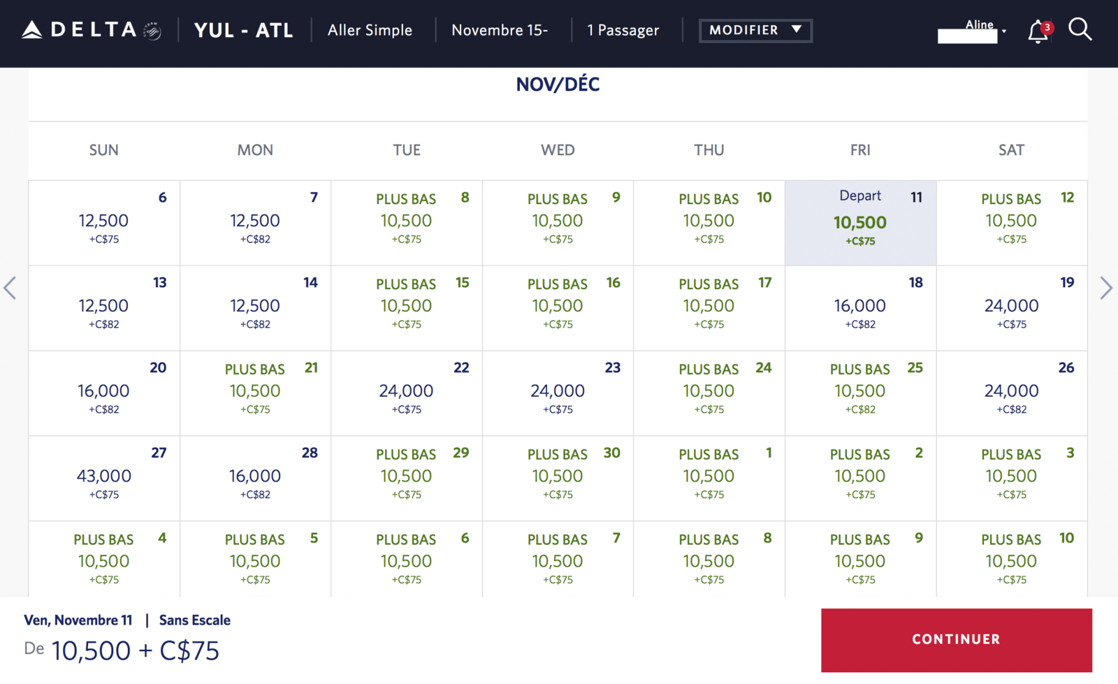 Delta SkyMiles: Ultimate Guide - YUL-ATL tableau disponibilités 2
