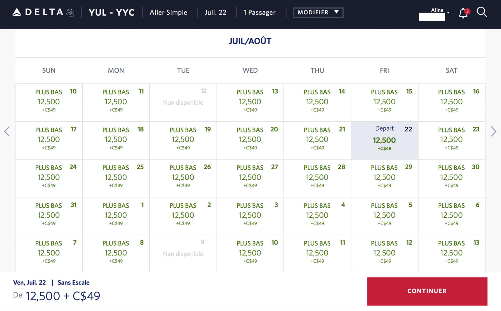 Delta SkyMiles: Ultimate Guide - YUL-YYC tableau disponibilités été
