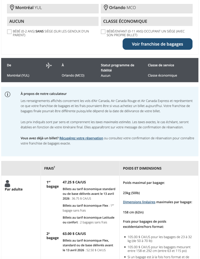 Calculateur de frais de bagages Air Canada — vol Montréal vers Orlando en classe économique