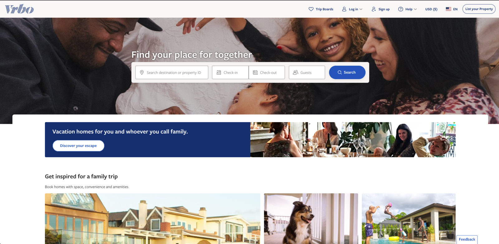 VRBO&nbsp;: un site de location de maisons - VRBO page accueil
