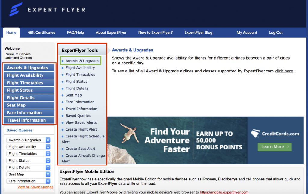 ExpertFlyer Page d-acceuil