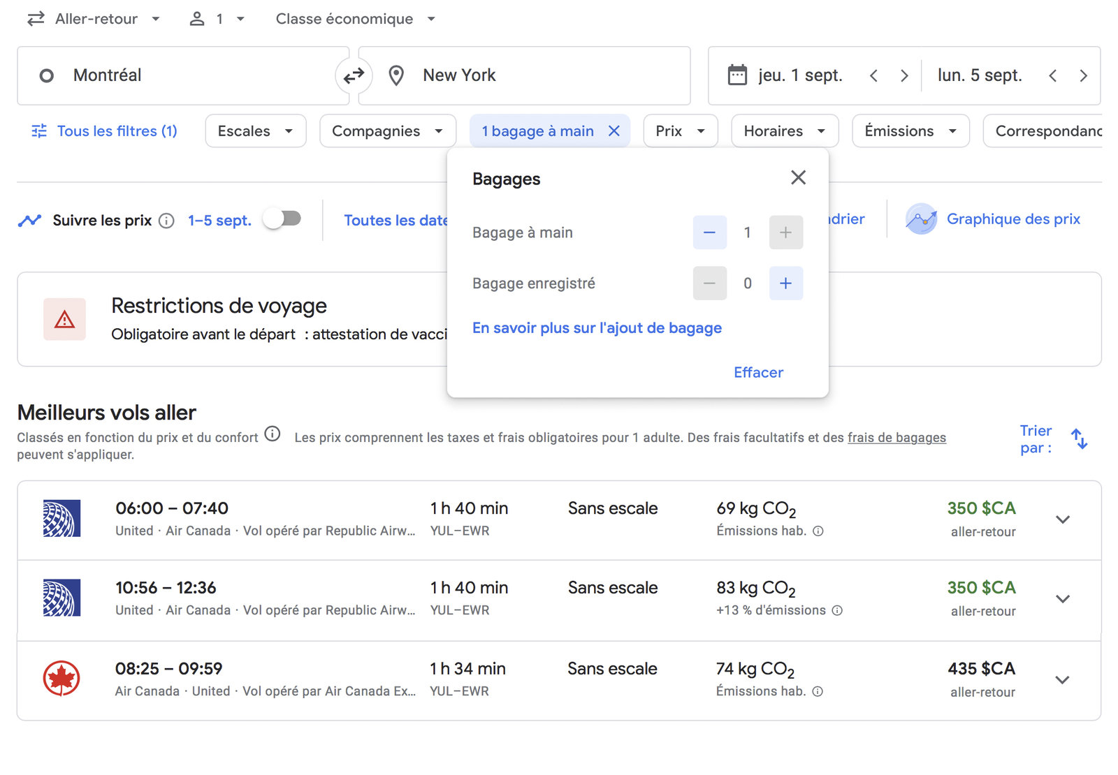 Google Flights: How to find the best flights and fares - Filtre bagages 2