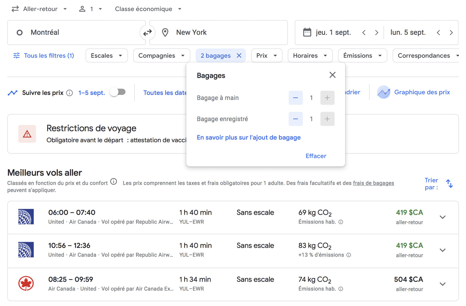 Google Flights: How to find the best flights and fares - Filtre bagages 3