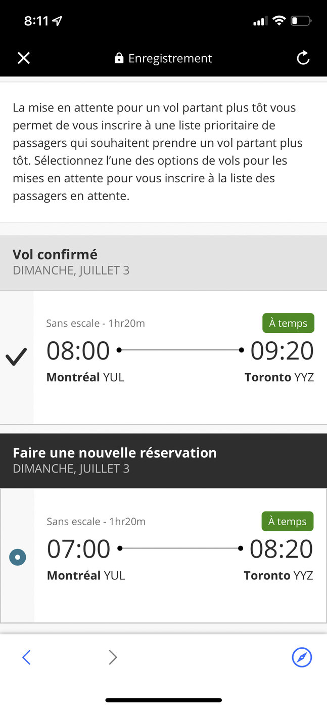 Air Canada : Comment fonctionne la mise en attente Air Canada le jour même - Étape 2