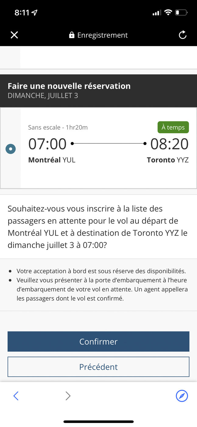 Air Canada : Comment fonctionne la mise en attente Air Canada le jour même - Étape 3