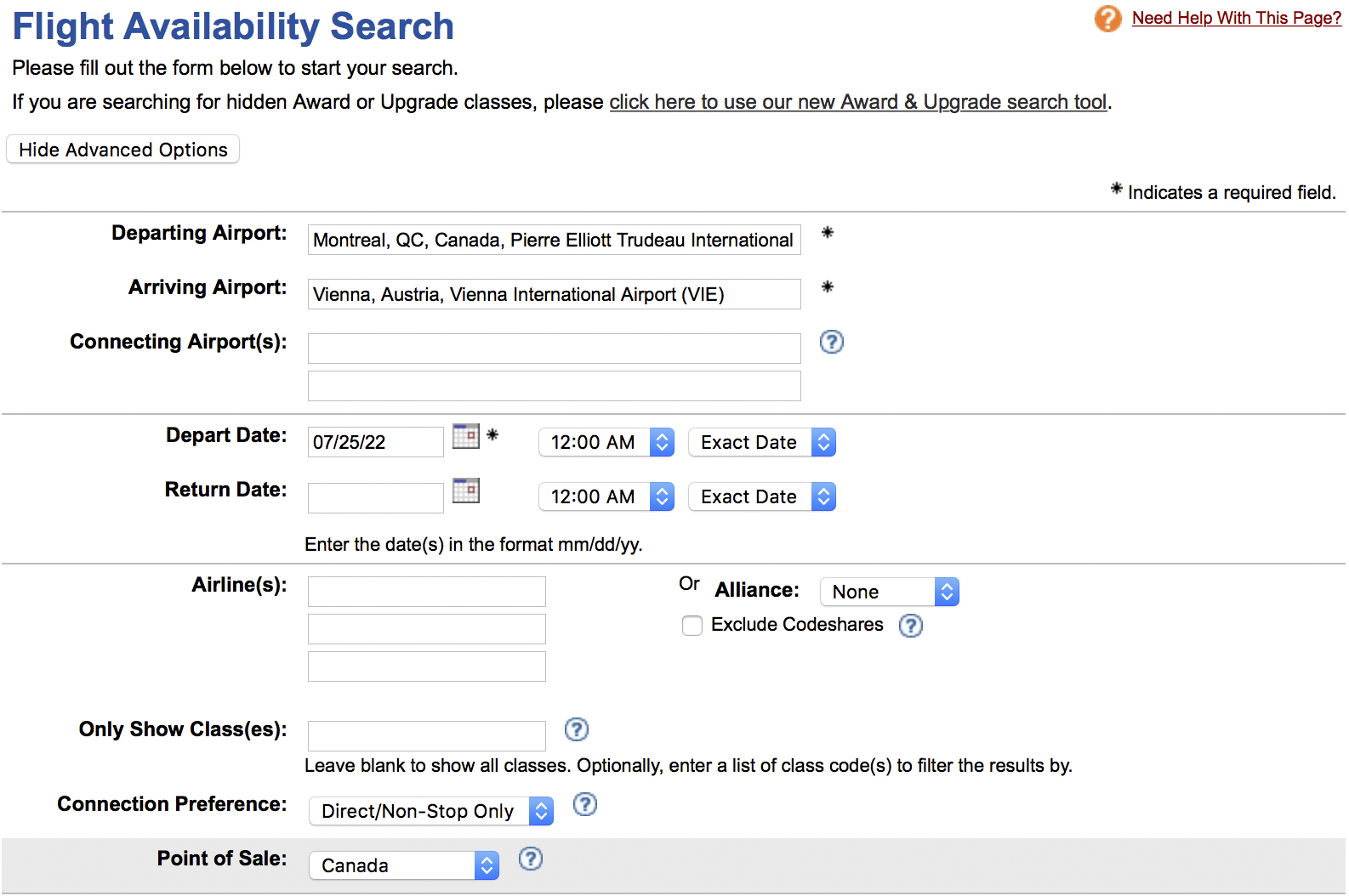 ExpertFlyer: The Ultimate Tool for Optimizing Flight Searches - Screenshot of the ExpertFlyer interface showing the flight search section