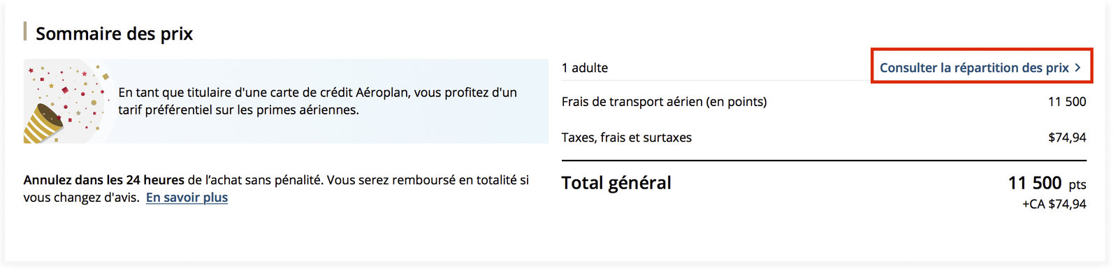 Aeroplan points + cash: the different redemption options - Détails de la répartition des prix