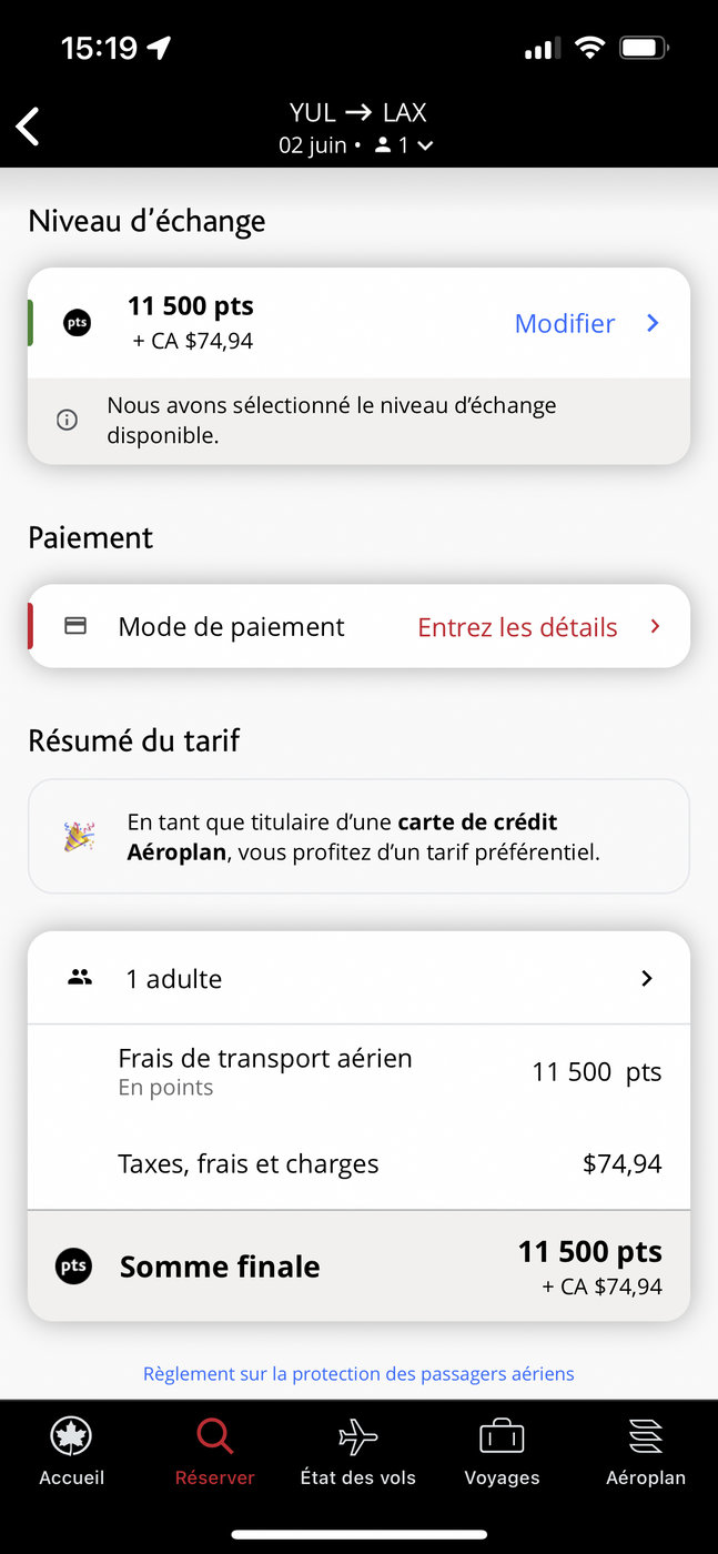 Aeroplan points + cash: the different redemption options - Résultats mobile