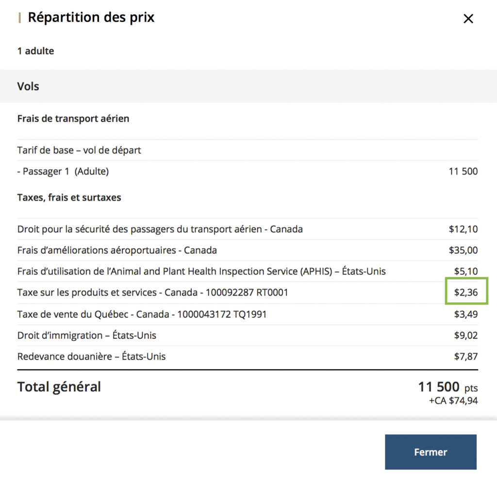 Répartition Vrai Coût Points Aeroplan + argent