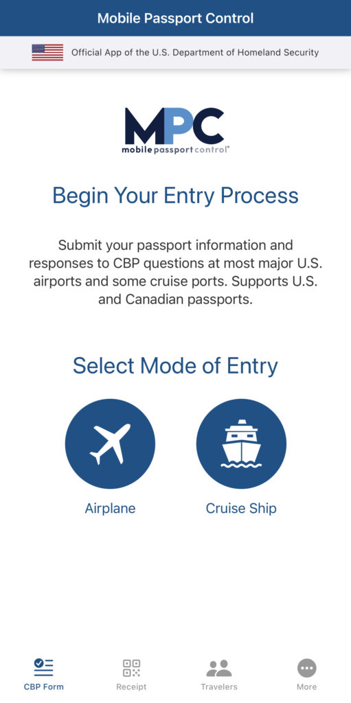 Mobile Passport Control App Home
