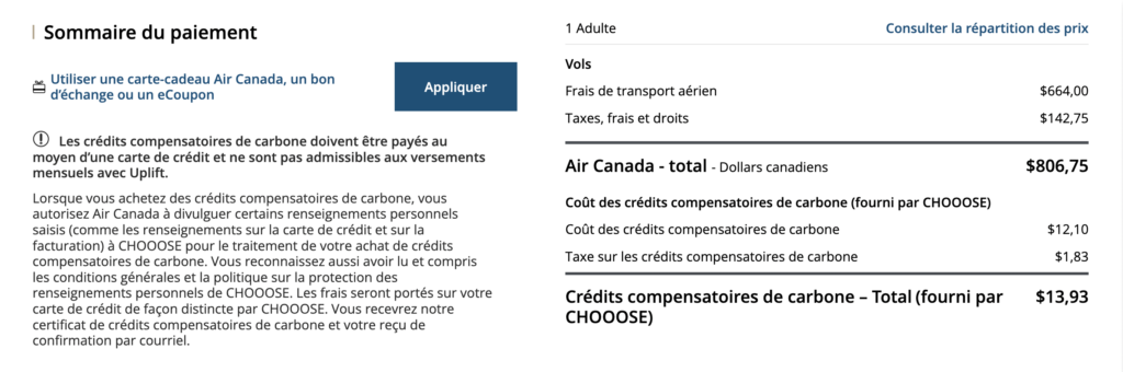 Air Canada CHOOSE compensation carbone