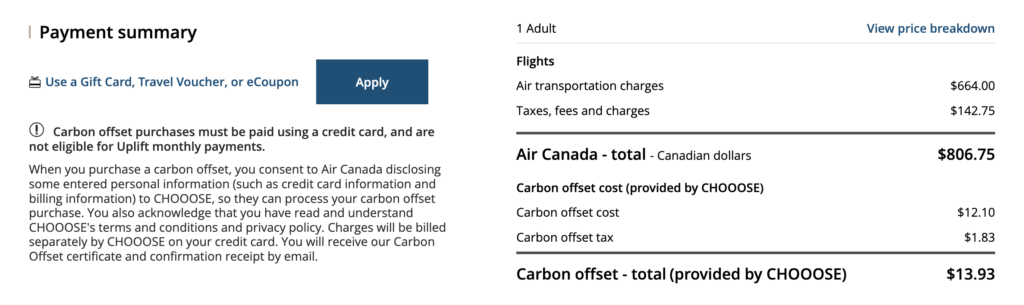 Air Canada CHOOSE carbon offset