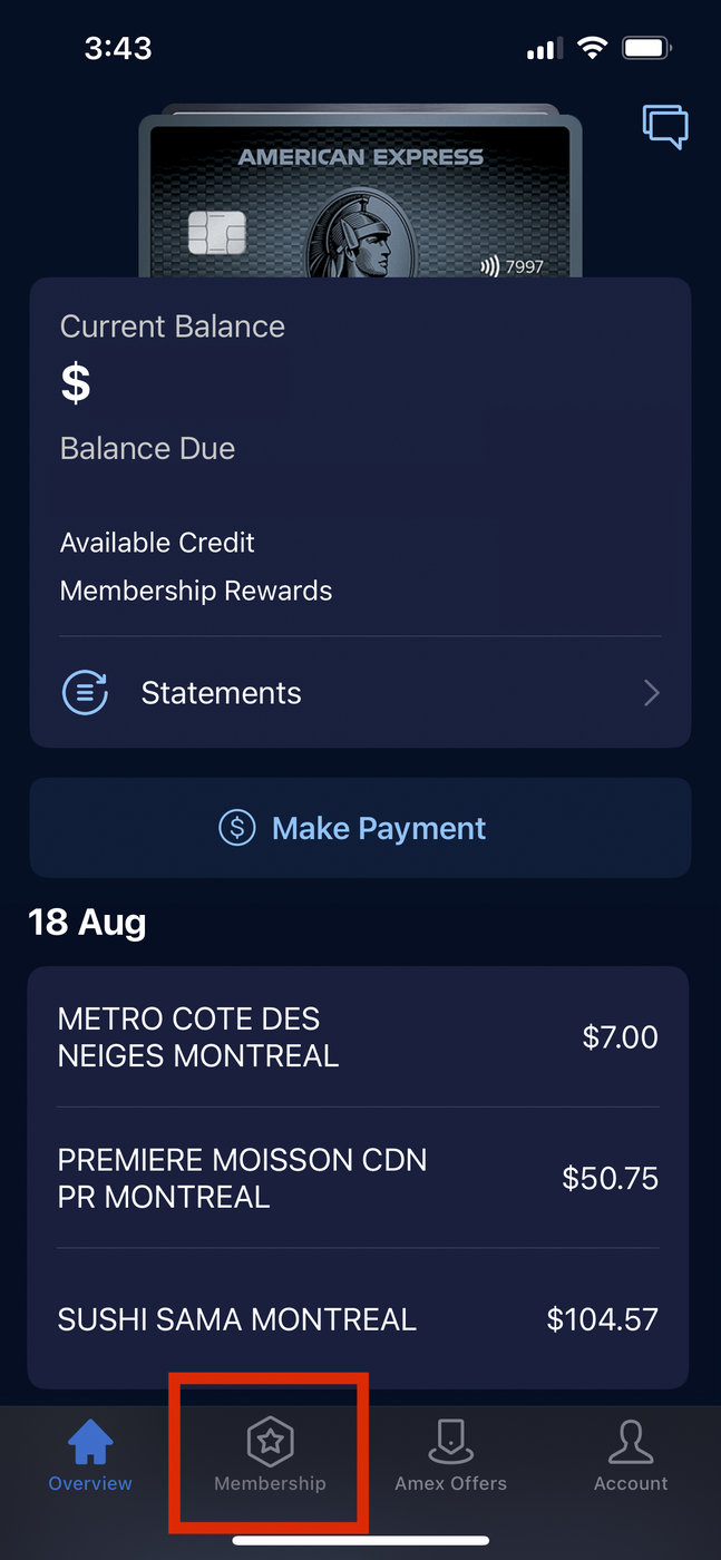 How do I see my points earning details with Amex? - détails accumulation de points Amex sur application 1