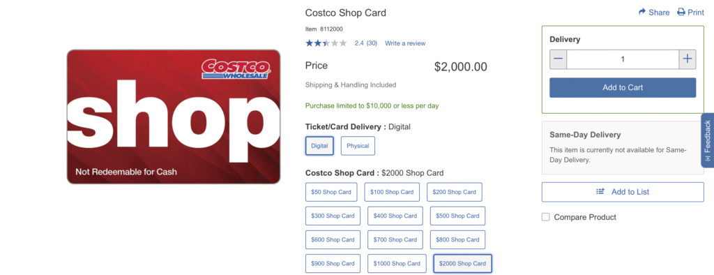 Cash back at Costco with Cash Card