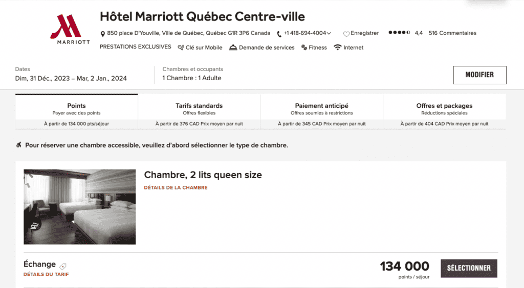 Marriott Quebec jour de l an points