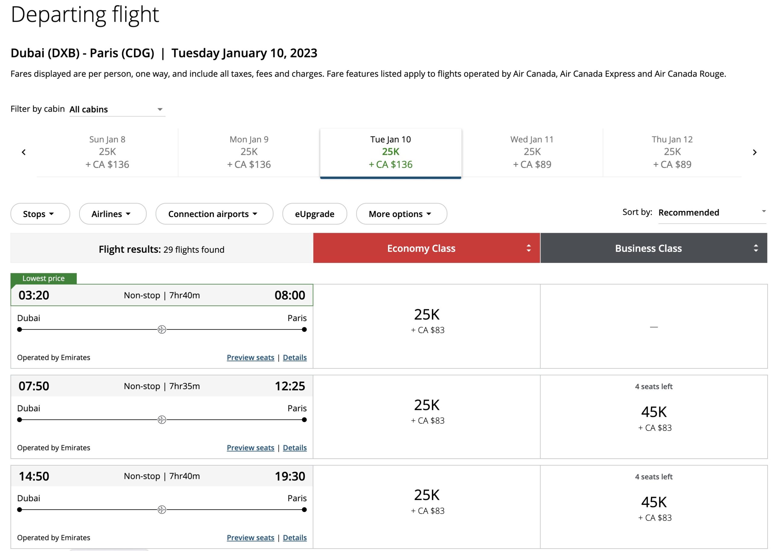 New: Earn and Redeem Aeroplan Points with Emirates - Dxb Cdg Ek Fr